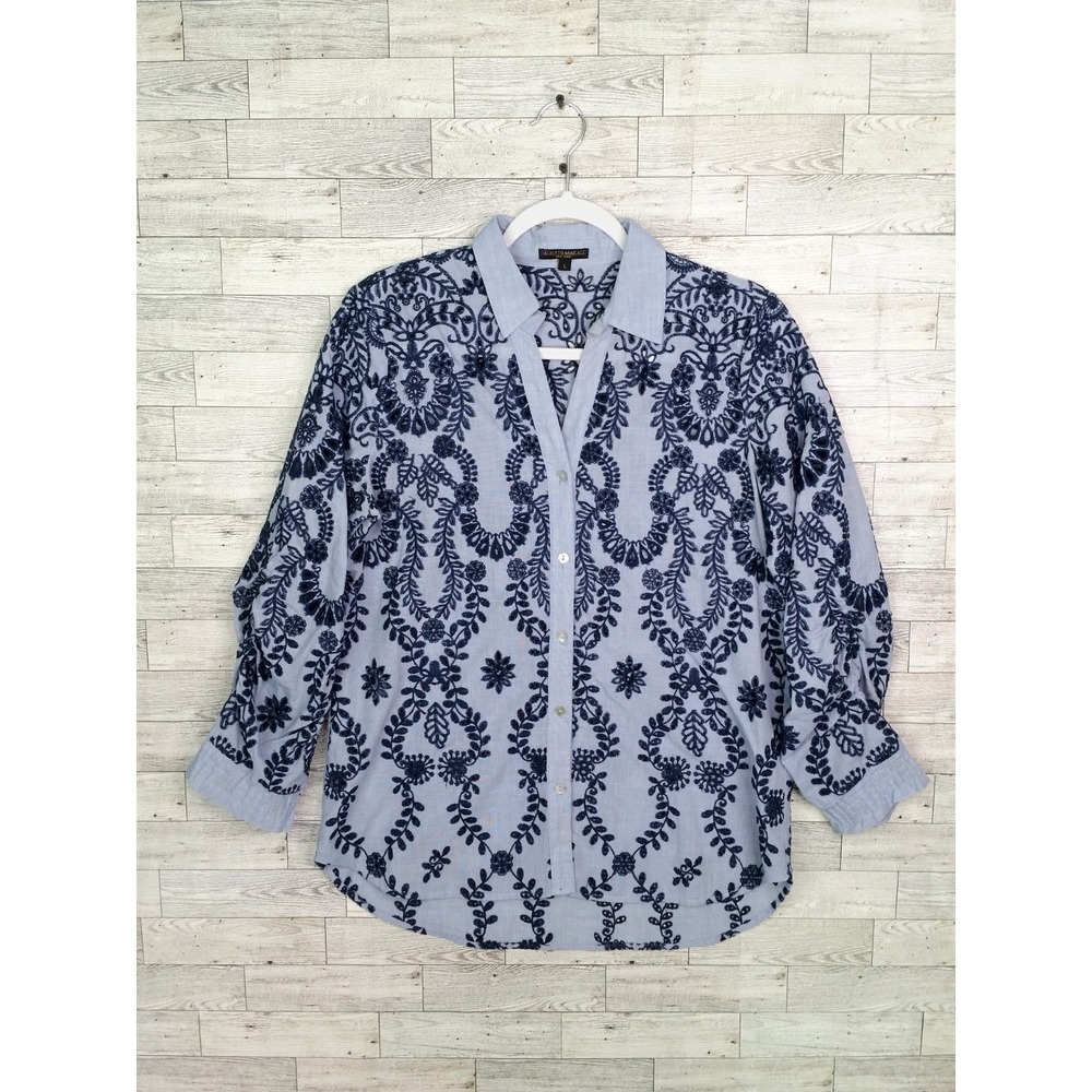 Women's Alberto Makali Floral Embroidered Button Down Top Shirt Blouse Large L